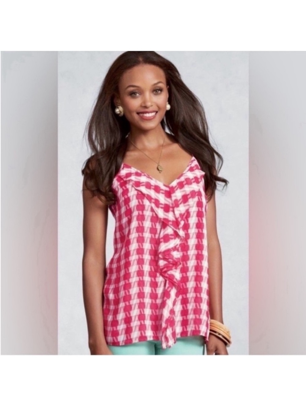 Cabi Amour Cami Tank Top/Shirt/Blouse Sz M Pink White Ruffle Check Front V-neck